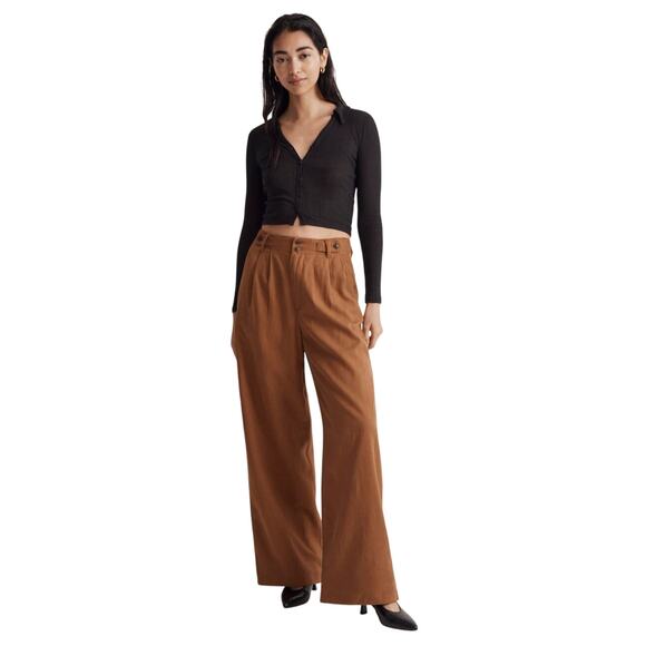 NWT Madewell Harlow Wide Leg Linen Blend Pants 00 Brown High Rise - Picture 2 of 9
